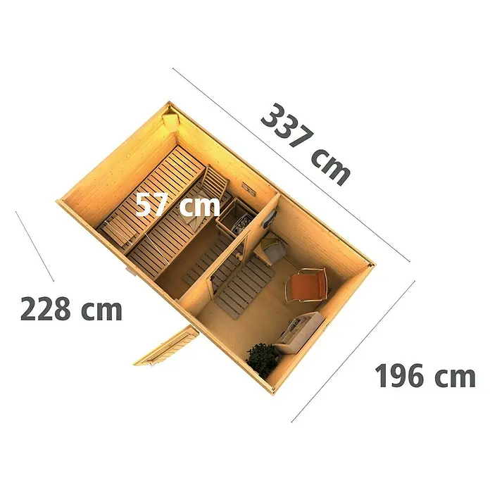 Karibu Saunahaus Suva 1 - Mit 9 kW Bio-Ofen mit externer Steuerung, Natur, L x B x H: 196 x 337 x 228 cm - Innenansicht der modernen Gartensauna mit Holzofen, Bänken und Entspannungsbereich. Ideal zum Entspannen und Genießen im eigenen Garten.