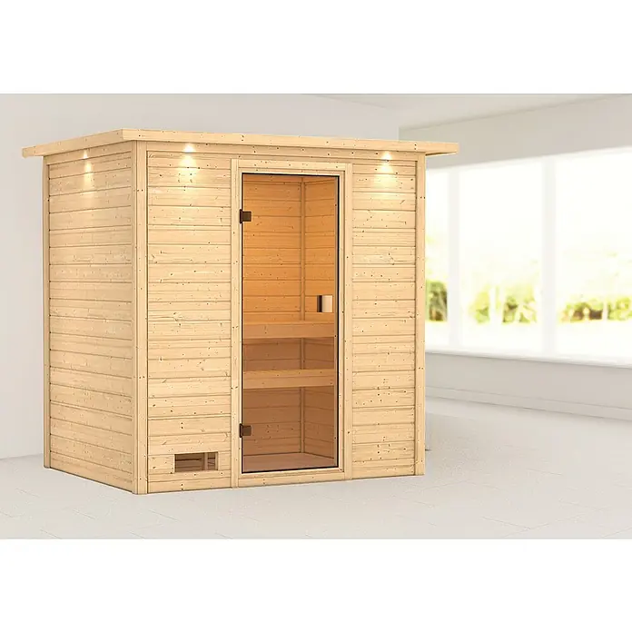 Karibu Massivholzsauna Selena - Ohne Ofen, L x B x H: 159 x 223 x 191 cm, Mit Dachkranz und Beleuchtung - Eine rechteckige Holzsauna mit einer Glastür, die einen Blick auf die Bänke im Inneren ermöglicht, vor einem neutralen Hintergrund.