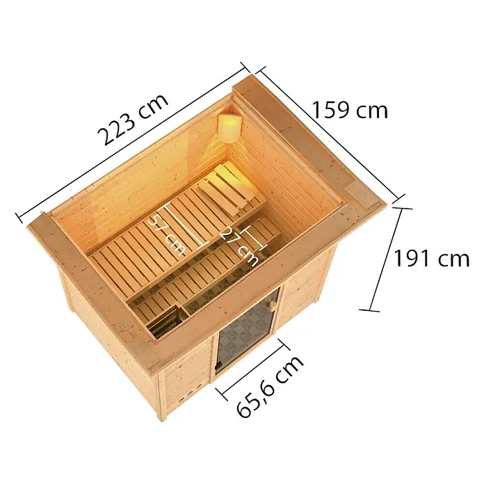 Karibu Massivholzsauna Selena - Ohne Ofen, L x B x H: 159 x 223 x 191 cm, Mit Dachkranz und Beleuchtung - Abbildung einer Sauna mit den Maßen 223 cm Länge, 159 cm Breite und 191 cm Höhe. Die Tür ist 65,6 cm breit und die Sitzbank 57 cm tief.