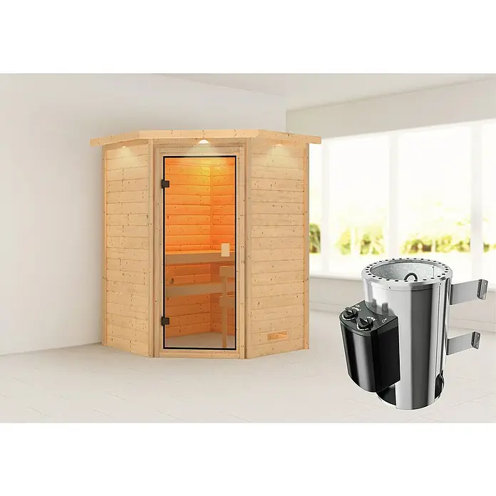 Karibu Massivholzsauna Antonia - Elektroofen, Steuerung Ofen: Integriert, L x B x H: 159 x 173 x 191 cm, Mit Dachkranz und Beleuchtung - Diese Aufnahme zeigt eine Sauna und einen Saunaofen. Der Saunaofen ist aus Edelstahl gefertigt und hat ein schwarzes Bedienfeld.