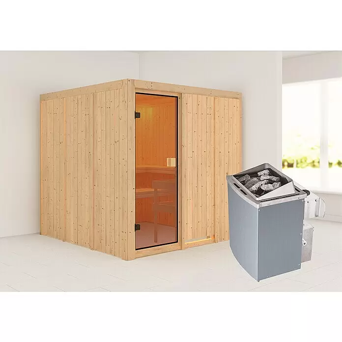 Karibu Elementsauna Oulu - Mit 9 kW Saunaofen mit integrierter Steuerung, L x B x H: 196 x 196 x 198 cm - Stimmungsaufnahme