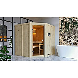 Karibu Elementsauna Kotka (Mit 9 kW Saunaofen mit externer Steuerung, Ohne Dachkranz, Material Tür: Ganzglas Bronze, 196 x 196 x 198 cm)