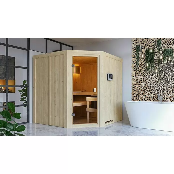 Karibu Elementsauna Kotka - Mit 9 kW Saunaofen mit externer Steuerung, L x B x H: 196 x 196 x 198 cm - Stimmungsaufnahme