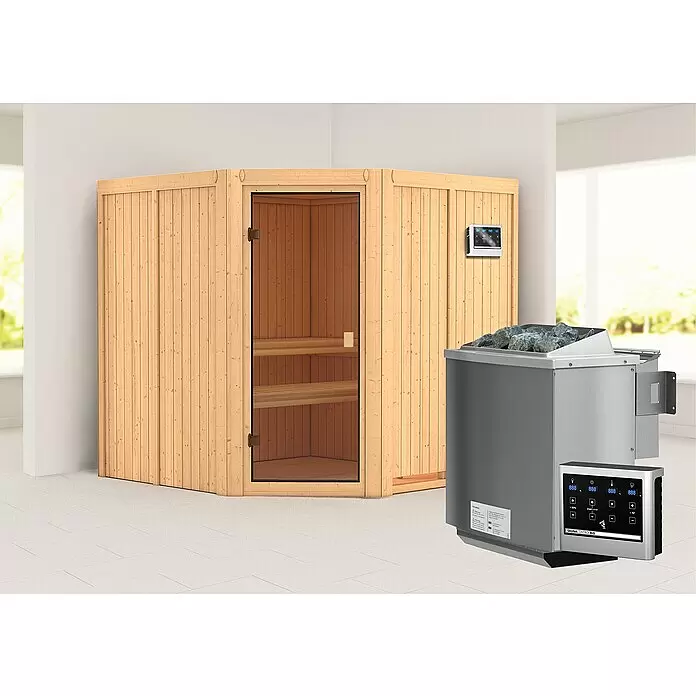 Karibu Elementsauna Kotka - Mit 9 kW Bio-Ofen mit externer Steuerung, L x B x H: 196 x 196 x 198 cm - Stimmungsaufnahme
