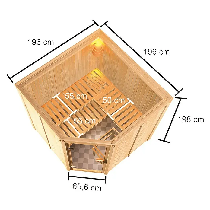 Karibu Elementsauna Kotka - Mit 9 kW Bio-Ofen mit externer Steuerung, L x B x H: 196 x 196 x 198 cm - Innenansicht einer Holzsauna mit Abmessungen. Die Sauna hat Holzbänke und eine Glastür.