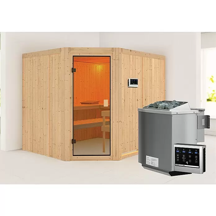 Karibu Elementsauna Horna - Mit 9 kW Bio-Ofen mit externer Steuerung, L x B x H: 196 x 231 x 198 cm - Stimmungsaufnahme