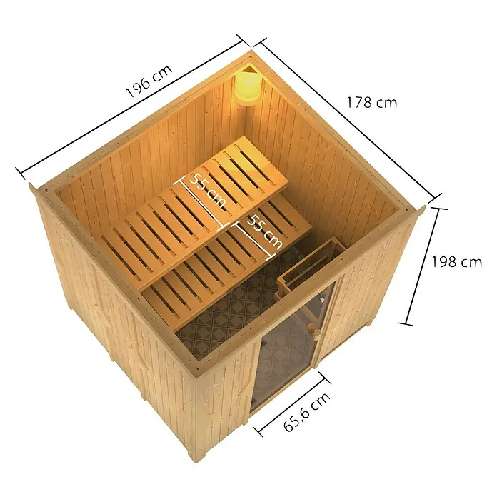 Karibu Elementsauna Tromsoe - L x B x H: 178 x 196 x 198 cm, Ohne Ofen - Abbildung einer Holzsauna mit Bänken und Beleuchtung, die die Abmessungen des Produkts hervorhebt.\n