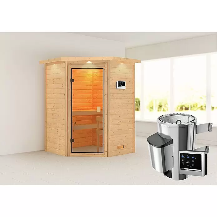 Karibu Massivholzsauna Antonia - Elektroofen, Steuerung Ofen: Extern, L x B x H: 159 x 173 x 191 cm, Mit Dachkranz und Beleuchtung - Stimmungsaufnahme