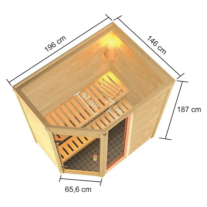 Karibu Massivholzsauna Jada - L x B x H: 146 x 196 x 187 cm, Ohne Ofen, Ohne Dachkranz - Draufsicht auf eine Holzsauna mit sichtbaren Abmessungen. Diese Sauna bietet ein entspannendes Wellnesserlebnis.