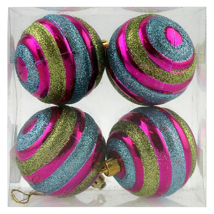 Weihnachtskugeln Bunt - Bunt, Kunststoff - Glitzernde, spiralförmige Weihnachtskugeln in Pink, Blau und Gold, die festliche Eleganz ausstrahlen.