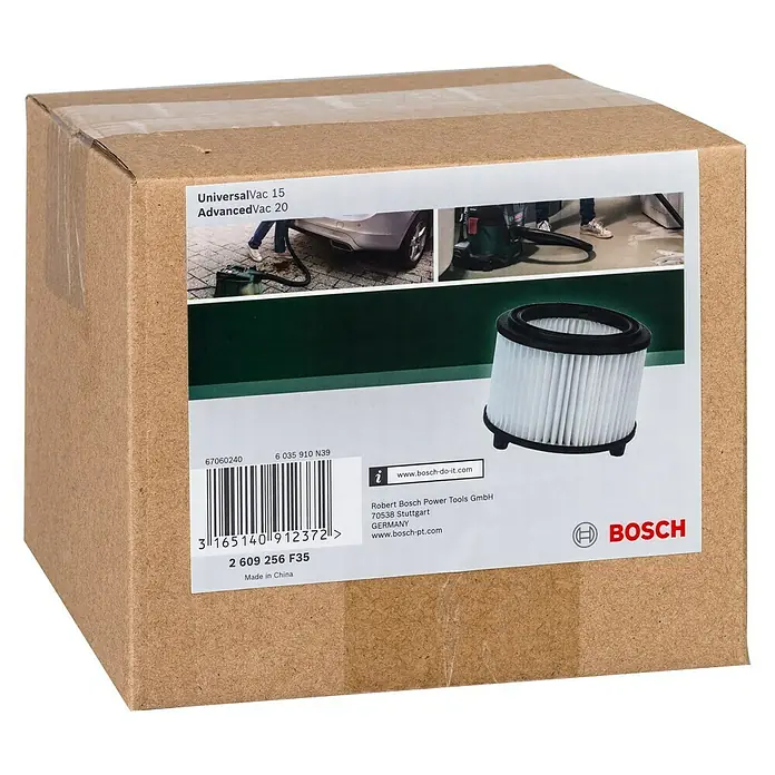 Bosch Patronenfilter - Passend für: Bosch Nass-Trockensauger UniversalVac 15 & AdvancedVac 20 - Bild einer Verpackung für einen Bosch UniversalVac 15/AdvancedVac 20 Staubsaugerfilter.