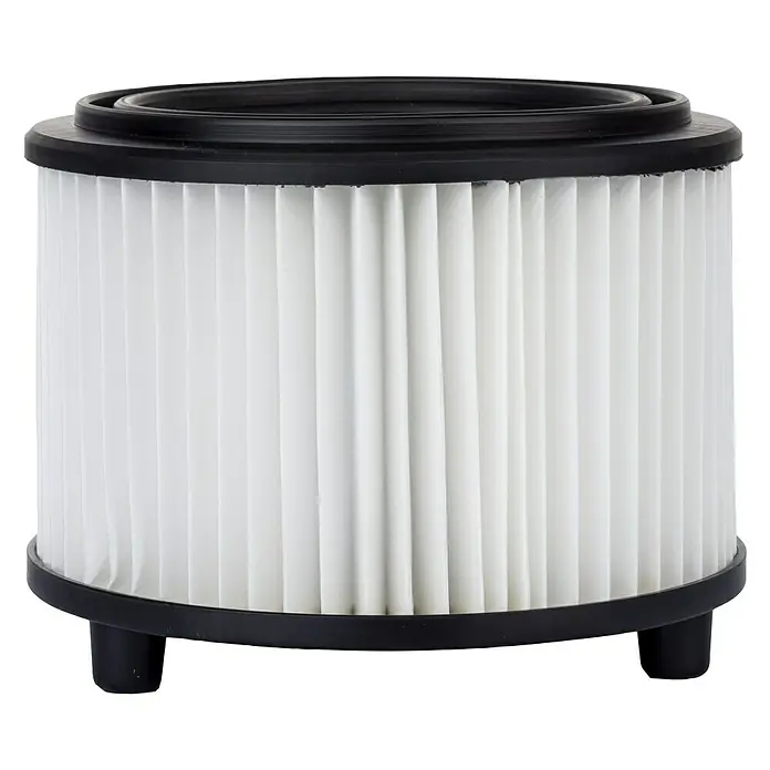 Bosch Patronenfilter - Passend für: Bosch Nass-Trockensauger UniversalVac 15 & AdvancedVac 20 - Bild eines Luftfilters mit plissiertem Papier zwischen zwei schwarzen Kunststoffringen. Der Filter hat kleine Füße für zusätzliche Stabilität.