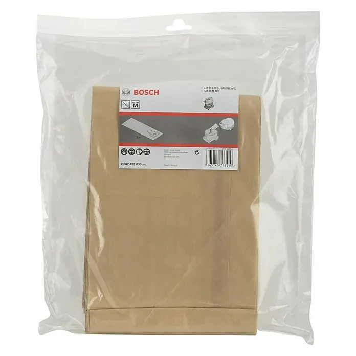 Bosch Papierfiltertüten - 5 Stk., Passend für: Bosch Nass-Trockensauger GAS 35er-Serie - Verpackung mit Bosch Staubsaugerbeuteln. Geeignet für GAS 35 L SFC+, GAS 35 L AFC und GAS 35 M AFC Staubsauger, mit M-Klasse Staubfilterung.