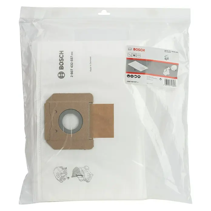 Bosch Professional Vliesfiltertüten - Passend für: Bosch Nass-Trockensauger GAS 35er-Serie, 5 Stk., Vlies - Staubbeutel von Bosch mit der Nummer 2 607 432 037-000, hergestellt in Deutschland, für Staubsauger der M-Serie, 5 Stück pro Packung.