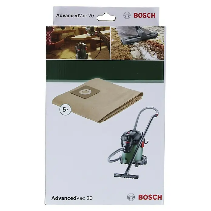 Bosch Papierfiltertüten - 5 Stk., Passend für: Bosch Nass-Trockensauger AdvancedVac 20 - Abbildung der Bosch AdvancedVac 20 Staubsaugerbeutel, ein 5er-Pack für Nass- und Trockensauger, ideal für Werkstatt und Haushalt.