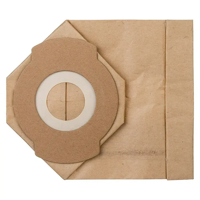 Bosch Papierfiltertüten - 5 Stk., Passend für: Bosch Staubsauger EasyVac 3 - Nahaufnahme eines Staubsaugerbeutels aus Papier mit einem weißen Ring und einem braunen Kartonaufsatz.