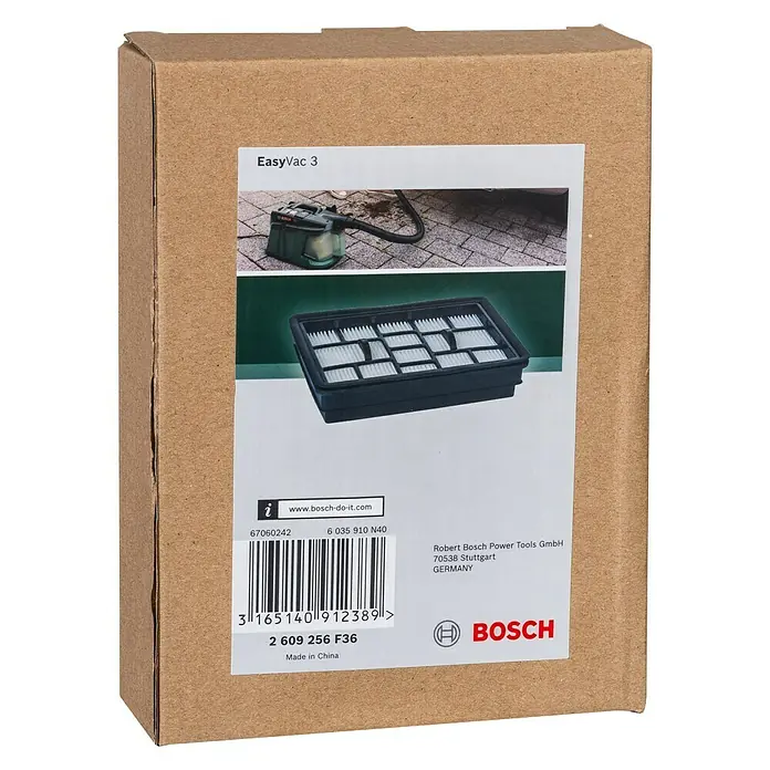 Bosch Flachfaltenfilter - Passend für: Bosch Staubsauger EasyVac 3 - Eine Produktaufnahme des Bosch EasyVac 3 Filter in seiner Verpackung, ideal für Werkstatt und Heimwerker.