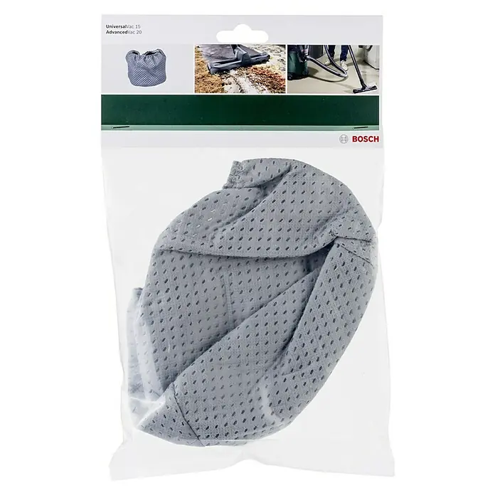 Bosch Vorfilter - Passend für: Bosch Nass-Trockensauger UniversalVac 15 & AdvancedVac 20 - Bild einer Verpackung mit einem grauen Bosch Staubsaugerbeutel mit Löchern, geeignet für UniversalVac 15 und AdvancedVac 20 Geräte.