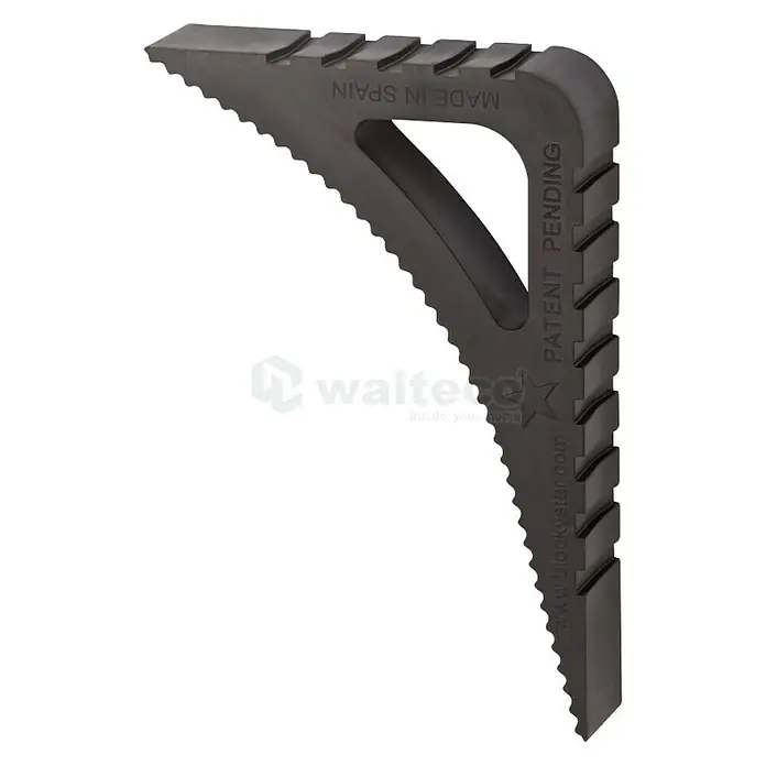 Tür- & Fensterstopper Blockystar - L x H: 78 x 20 mm, Schwarz - Das Bild zeigt einen BlockStar Pro, ein Werkzeug zur Unterstützung und Stabilisierung von Schnitten, hergestellt in Spanien, Patent angemeldet.