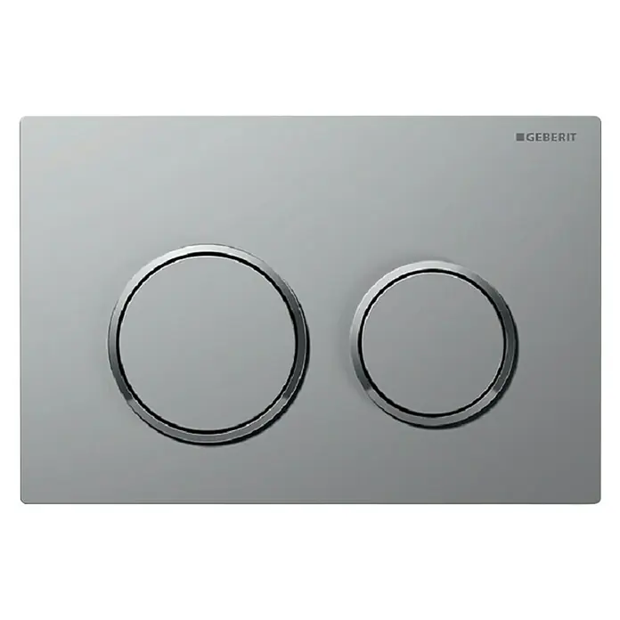 Geberit Betätigungsplatte Omega 20 - 115085JQ1 - Chrom matt, 2-Mengen-Spülung - Geberit Betätigungsplatte in Silber. Die Betätigungsplatte verfügt über zwei Tasten für die Spülmenge und ist rechteckig.