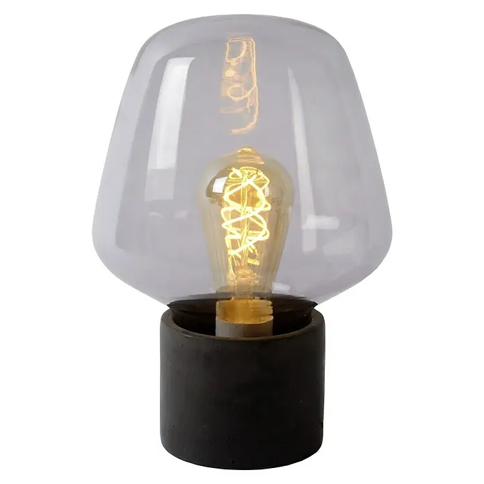 Lucide LED-Tischleuchte Becky - 40 W, L x B x H: 20 x 20 x 29,5 cm, Rauch - Diese Tischleuchte verfügt über eine klare Glaskuppel und einen schwarzen Zementsockel, der ein warmes, stimmungsvolles Licht ausstrahlt.