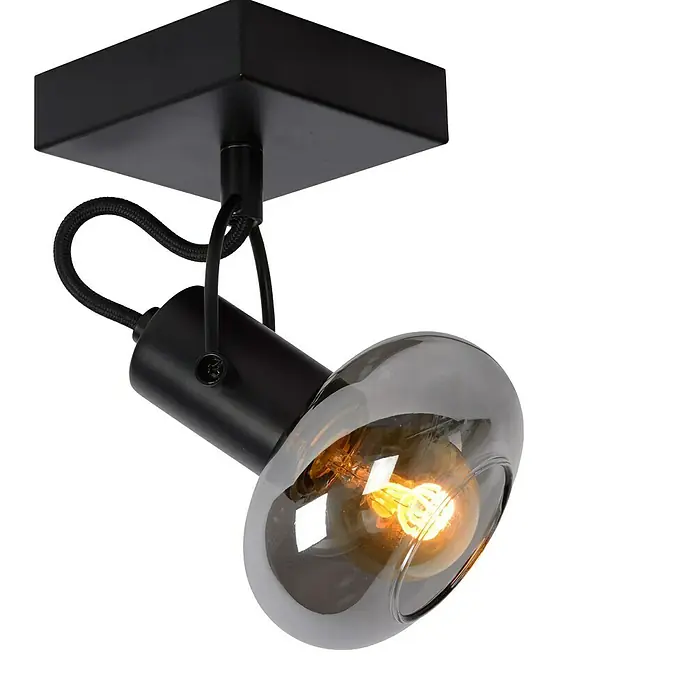 Lucide Deckenstrahler Madee - 25 W, L x B x H: 9 x 9 x 18 cm, Schwarz, E14 - Schwarzer Deckenstrahler mit grau getöntem Glasdiffusor und warm leuchtender Glühbirne für stimmungsvolle Beleuchtung.