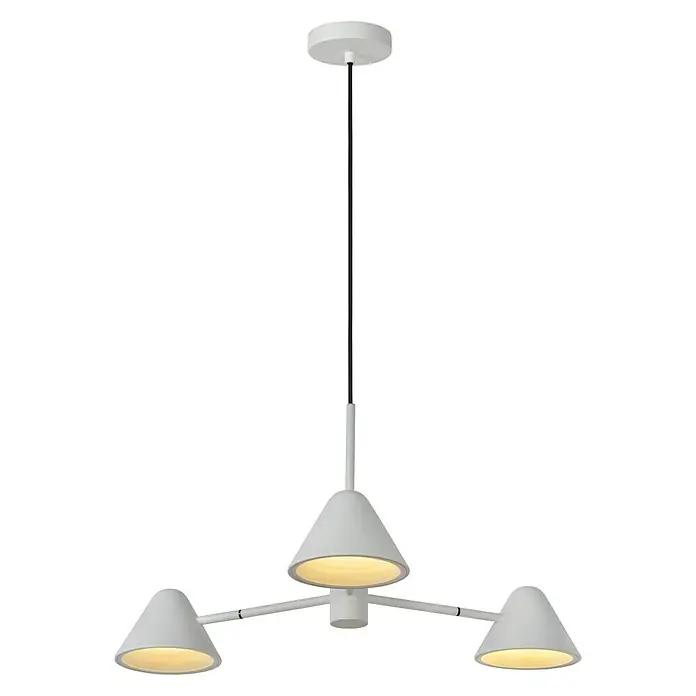 Lucide Devon LED-Pendelleuchte - Höhe: 65 cm, Weiß - Moderne weiße Hängeleuchte mit drei Lampenschirmen, die ein sanftes, warmes Licht spenden und eine stilvolle Atmosphäre erzeugen.