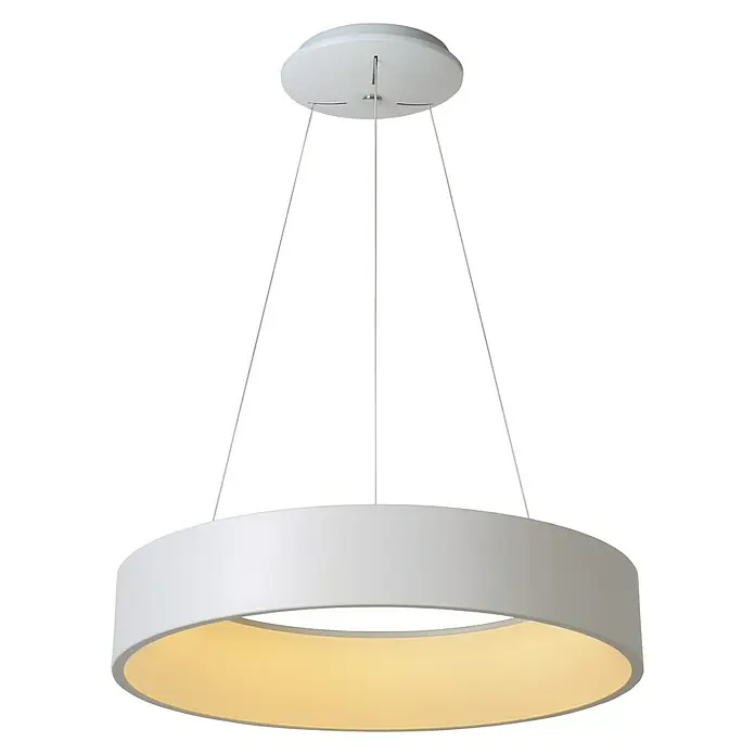 Lucide Talowe LED-Pendelleuchte - Höhe: 117 cm - Eine moderne, weiße LED-Hängeleuchte mit ringförmigem Lampenschirm, die warmes Licht spendet und ein minimalistisches Design aufweist.