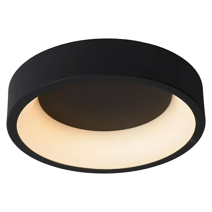 Lucide Talowe LED-Deckenleuchte rund - 20 W, Ø x H: 300 mm x 8 cm, Schwarz, Warmweiß - Nahaufnahme einer modernen schwarzen Deckenleuchte mit einem warmen Lichtschein, perfekt für stilvolle Innenräume.