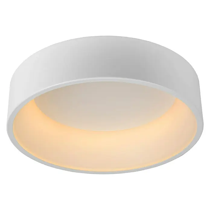 Lucide Talowe LED-Deckenleuchte rund - 30 W, Ø x H: 450 mm x 13 cm, Weiß, Warmweiß - Nahaufnahme einer runden, weißen Deckenleuchte mit warmer Beleuchtung, die ein modernes und minimalistisches Design zeigt.