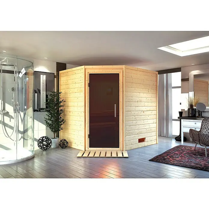 Karibu Massivholzsauna Mia - L x B x H: 170 x 196 x 198 cm, Materialspezifizierung Tür: Ganzglas Graphit, Inklusive Ofenschutzgitter, Ohne Dachkranz - Dieses Bild zeigt eine Innensauna mit einer Glastür und einer Holzkonstruktion, die sich perfekt in moderne Badezimmer einfügt.