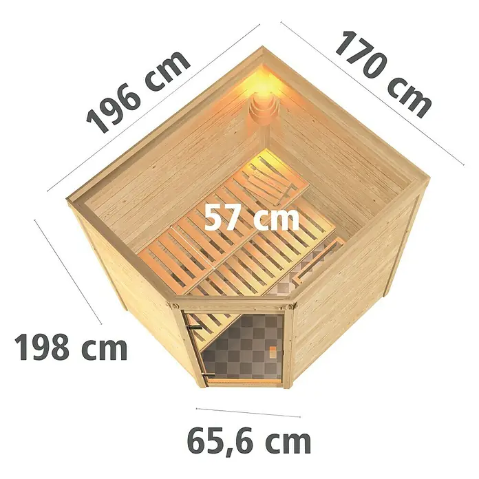 Karibu Massivholzsauna Mia - L x B x H: 170 x 196 x 198 cm, Materialspezifizierung Tür: Ganzglas Graphit, Inklusive Ofenschutzgitter, Ohne Dachkranz - Innenansicht der Sauna mit Bemaßung. Helles Holz und gläserne Tür prägen das Bild.