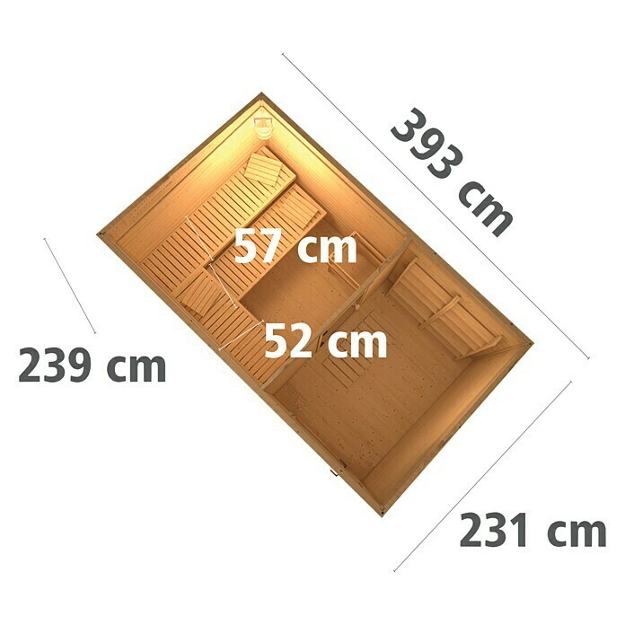 Karibu Saunahaus Suva 3Mit 9 kW Saunaofen mit externer Steuerung, 393 x 231 x 239 cm, Terragrau View From Above