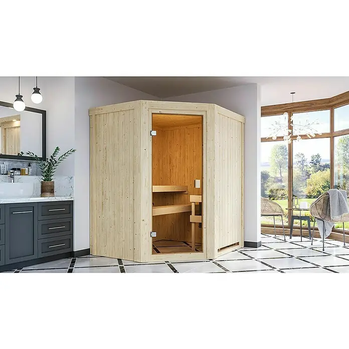 Karibu Elementsauna Faurin - L x B x H: 151 x 170 x 198 cm, Ohne Ofen - Helle Holzsauna mit Glasfront und Holzbänken. Die Sauna ist stilvoll in ein modernes Badezimmer integriert und lädt zum Entspannen ein.