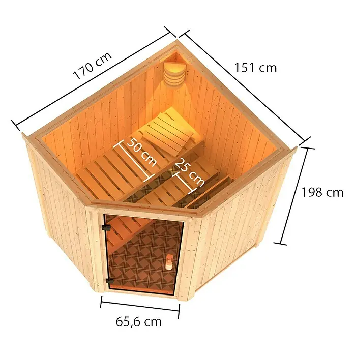 Karibu Elementsauna Faurin - L x B x H: 151 x 170 x 198 cm, Ohne Ofen - Innenansicht einer Holzsauna mit Bänken und den Maßangaben 128 cm, 83 cm, 65 cm, 50 cm und 25 cm.