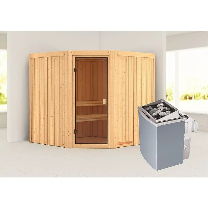 Karibu Elementsauna Kotka - Mit 9 kW Saunaofen mit integrierter Steuerung, L x B x H: 196 x 196 x 198 cm - Innenaufnahme einer Ecksauna aus Holz mit Glastür und einem Saunaofen mit Saunasteinen.