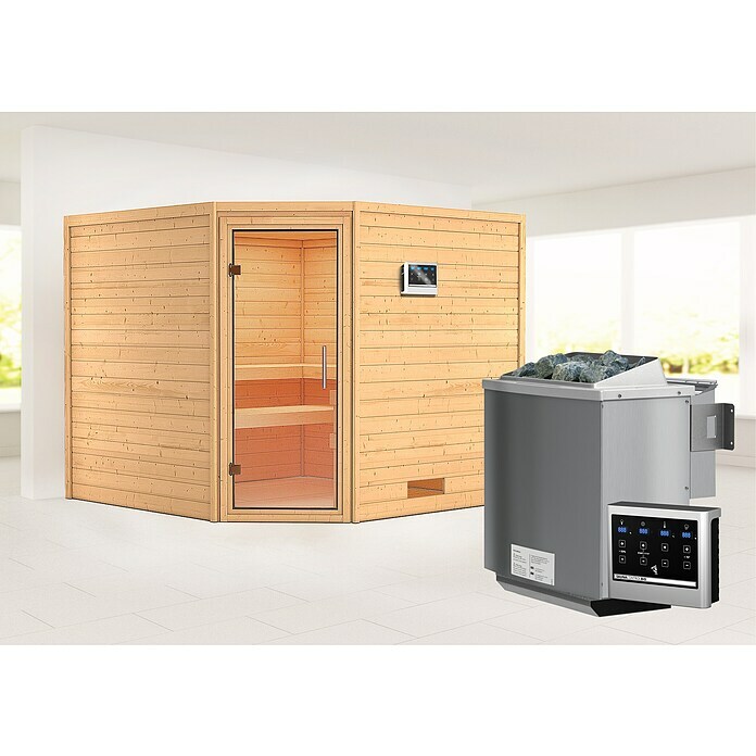 Karibu Massivholzsauna LeonaMit 9 kW Bio-Ofen mit externer Steuerung, Ohne Dachkranz, Material Tür: Ganzglas Klar, 231 x 231 x 198 cm Mood Shot