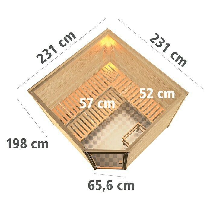 Karibu Massivholzsauna LeonaMit 9 kW Bio-Ofen mit externer Steuerung, Ohne Dachkranz, Material Tür: Ganzglas Klar, 231 x 231 x 198 cm View From Above