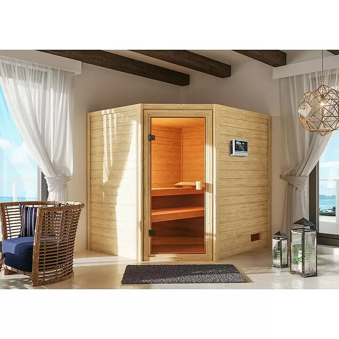Karibu Massivholzsauna Kolmans - 9 kW Saunaofen mit externer Steuerung, L x B x H: 169 x 196 x 187 cm - Stimmungsaufnahme