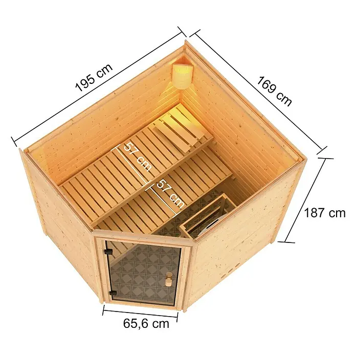 Karibu Massivholzsauna Kolmans - 9 kW Saunaofen mit integrierter Steuerung, L x B x H: 169 x 196 x 187 cm - Abbildung einer Innensauna mit den Maßen 195 cm x 189 cm x 187 cm und einer Tür von 65,5 cm Breite.