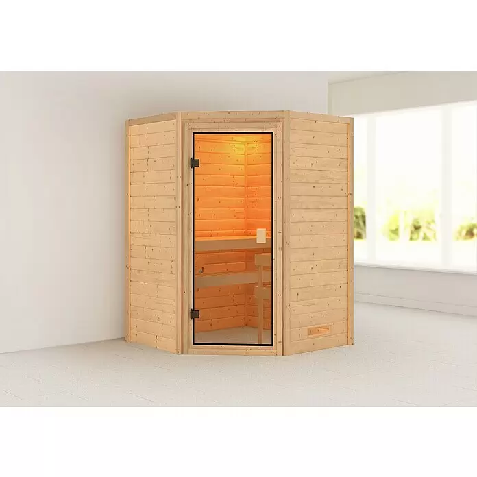 Karibu Massivholzsauna Antonia - Ohne Ofen, L x B x H: 145 x 145 x 187 cm, Ohne Dachkranz - Stimmungsaufnahme