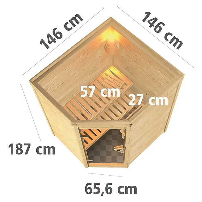 Karibu Massivholzsauna Antonia - Ohne Ofen, L x B x H: 145 x 145 x 187 cm, Ohne Dachkranz - Perspektive einer Sauna mit den Maßen 146 cm Breite, 187 cm Höhe und 65,6 cm Tiefe.