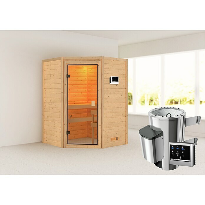 Karibu Massivholzsauna AntoniaMit 3,6 kW Ofen mit externer Steuerung, Ohne Dachkranz, Material Tür: Ganzglas Bronze, 145 x 145 x 187 cm Mood Shot