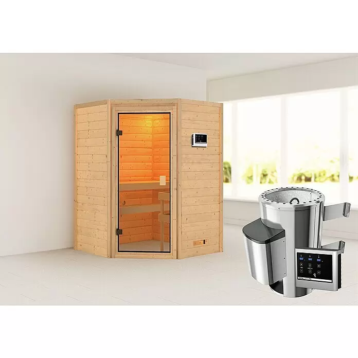 Karibu Massivholzsauna Antonia - Elektroofen, Steuerung Ofen: Extern, L x B x H: 145 x 145 x 187 cm, Ohne Dachkranz - Stimmungsaufnahme
