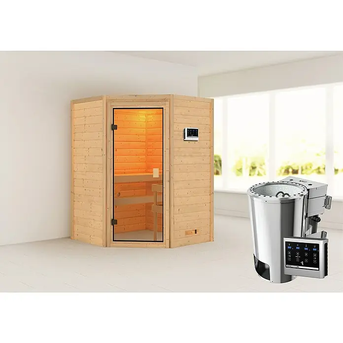 Karibu Massivholzsauna Antonia - Bioofen, Steuerung Ofen: Extern, L x B x H: 145 x 145 x 187 cm, Ohne Dachkranz - Ein atemberaubendes Bild einer Sauna mit holzverkleideten Wänden und einem silbernen Saunaofen.