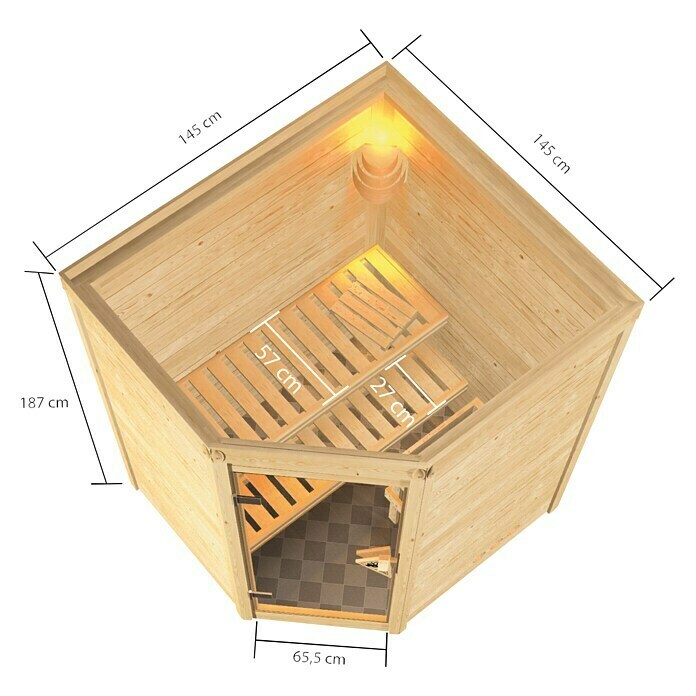 Karibu Massivholzsauna AntoniaMit 3,6 kW Ofen mit externer Steuerung, Ohne Dachkranz, Material Tür: Ganzglas Bronze, 145 x 145 x 187 cm View From Above