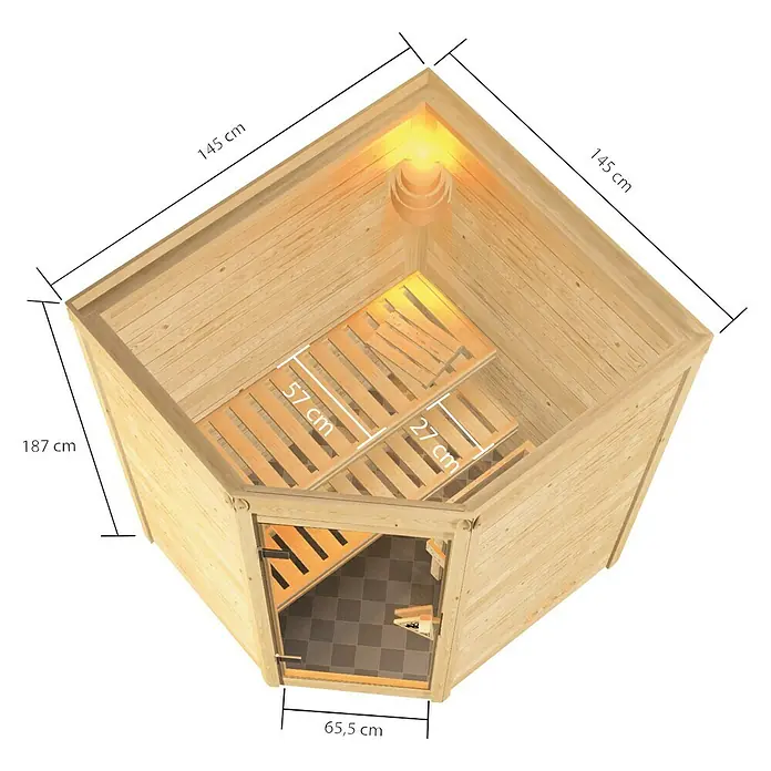 Karibu Massivholzsauna Antonia - Elektroofen, Steuerung Ofen: Integriert, L x B x H: 145 x 145 x 187 cm, Ohne Dachkranz - 3D-Ansicht einer Ecksauna aus Holz mit Maßen. Das Innere ist mit Holzregalen und einer Glasfront ausgestattet.