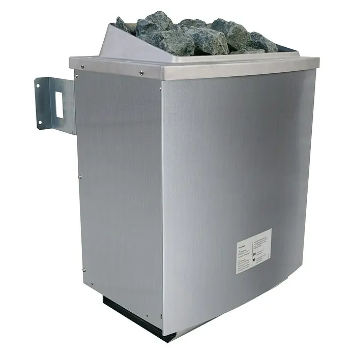 Karibu Saunahaus Suva 3 - Mit 9 kW Ofen mit externer Steuerung, Terragrau/Natur, L x B x H: 393 x 231 x 239 cm - Nahaufnahme eines Saunaofens aus Edelstahl mit Lavasteinen, ideal für ein entspannendes Saunaerlebnis.