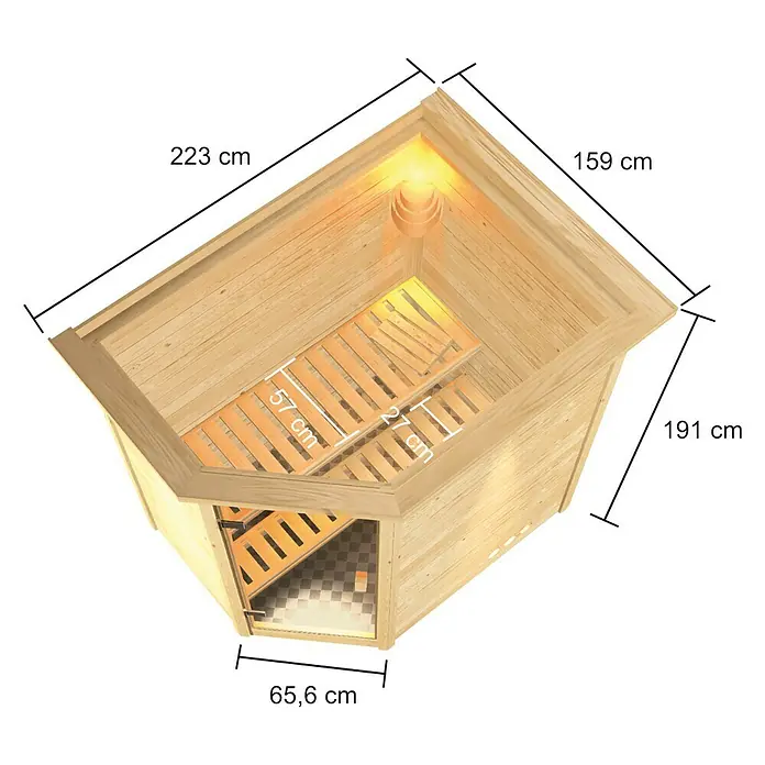 Karibu Massivholzsauna Jella - L x B x H: 159 x 223 x 191 cm, Mit Dachkranz und Beleuchtung, 3,6 kW Bio-Saunaofen mit multifunktionaler Steuerung - Innenansicht einer Holzsauna mit Bänken und Maßen. Eine entspannende Wellnessoase für zu Hause.