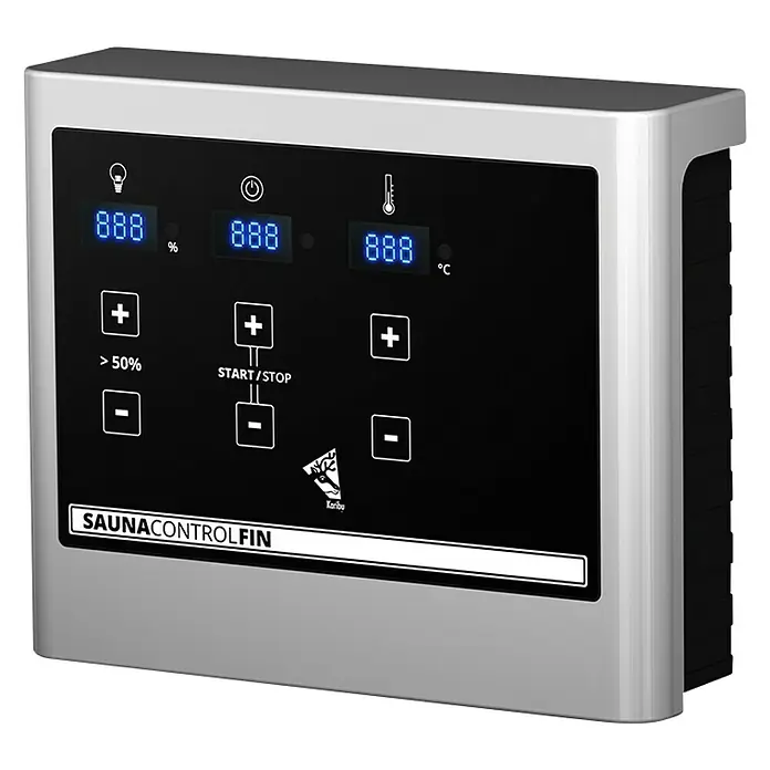 Karibu Saunahaus Suva 2 - Mit 9 kW Ofen mit externer Steuerung, Natur, L x B x H: 231 x 337 x 227 cm - Nahaufnahme eines Sauna Control Fin Bedienfelds mit digitaler Anzeige und Tasten zur Steuerung.